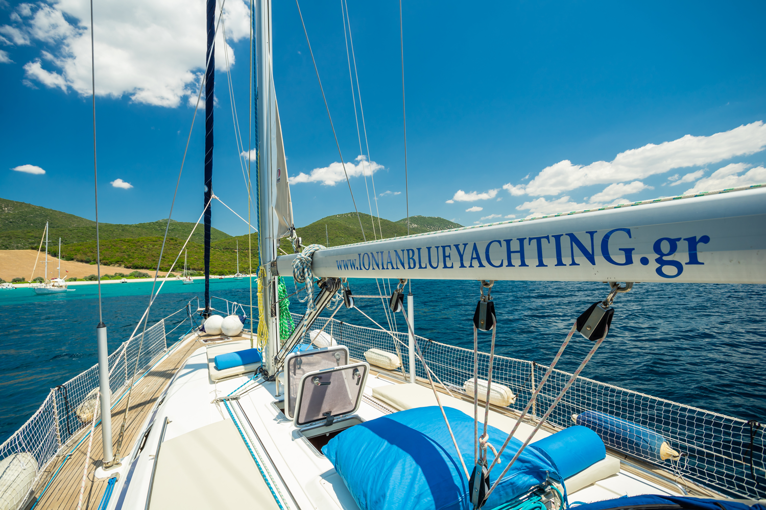 Deck view of My Way showing the boom and rigging