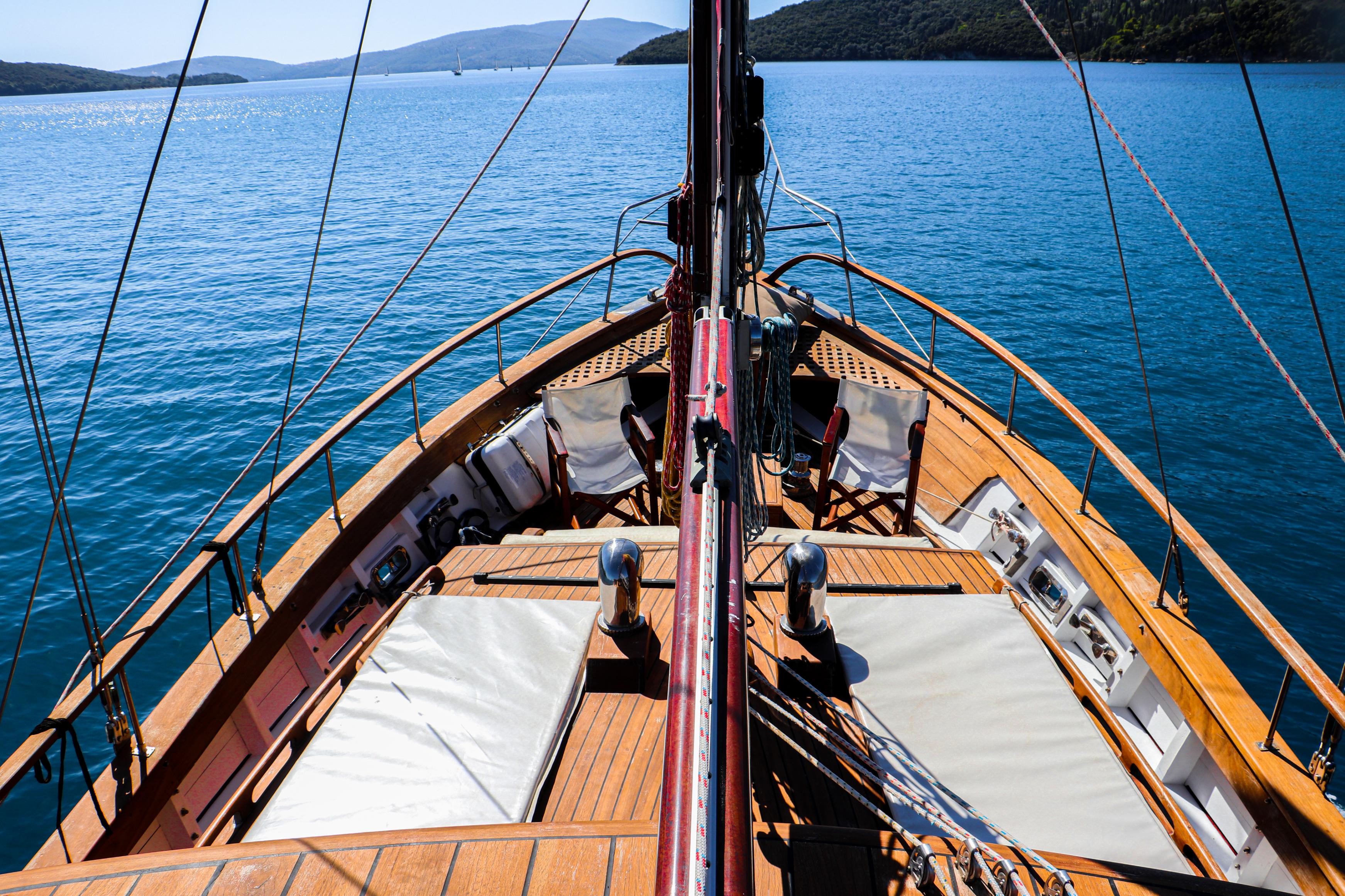 Bow view of Virgo sailing on blue water with wooden decking