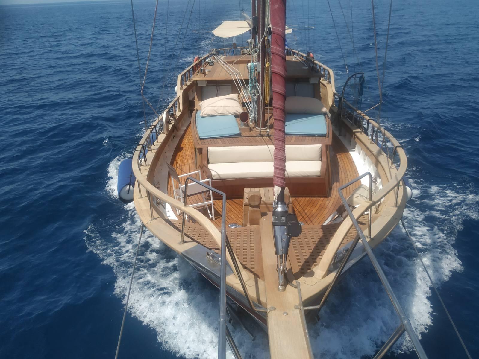 View from in front of Virgo showing the deck with comfortable seating